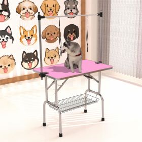 46" Folding Dog Pet Grooming Table Stainless Steel Frame Rubber Mat on Board with Adjustable Arm and Clamps pet dog Cat Grooming Table (PINK COLOR) (Color: AS PIC)